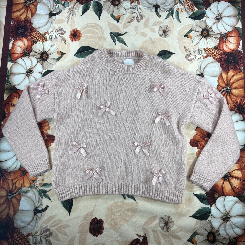 H M Womens Beige Satin Bow Sweater Oversized Knit Crewneck Pullover Size Large